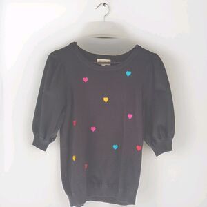 Marled Embroidered Heart Puff Sleeve Short Sleeve Sweater Black M